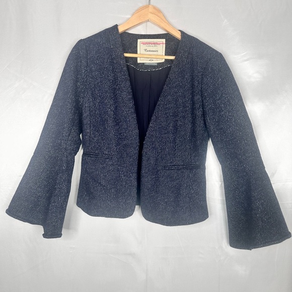 Anthropologie Cartonnier Navy Pinstriped Wool Blend Bell Sleeve Blazer Size 4 - Picture 2 of 14
